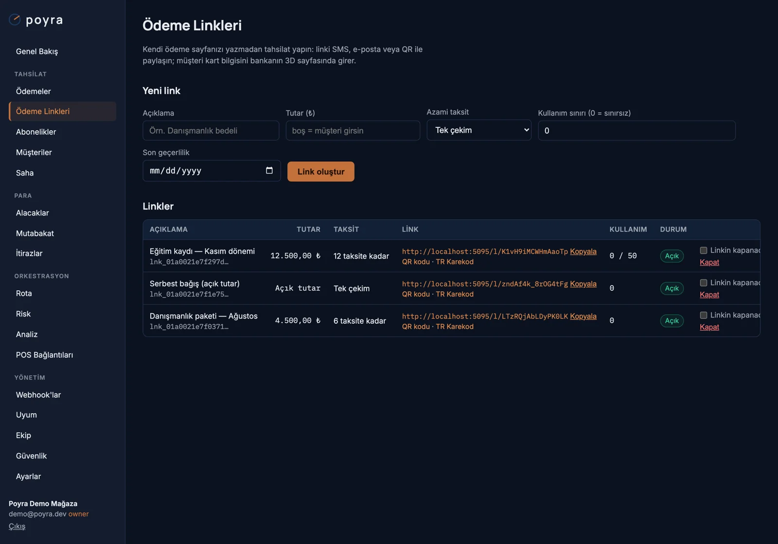 Ödeme linkleri ekranı