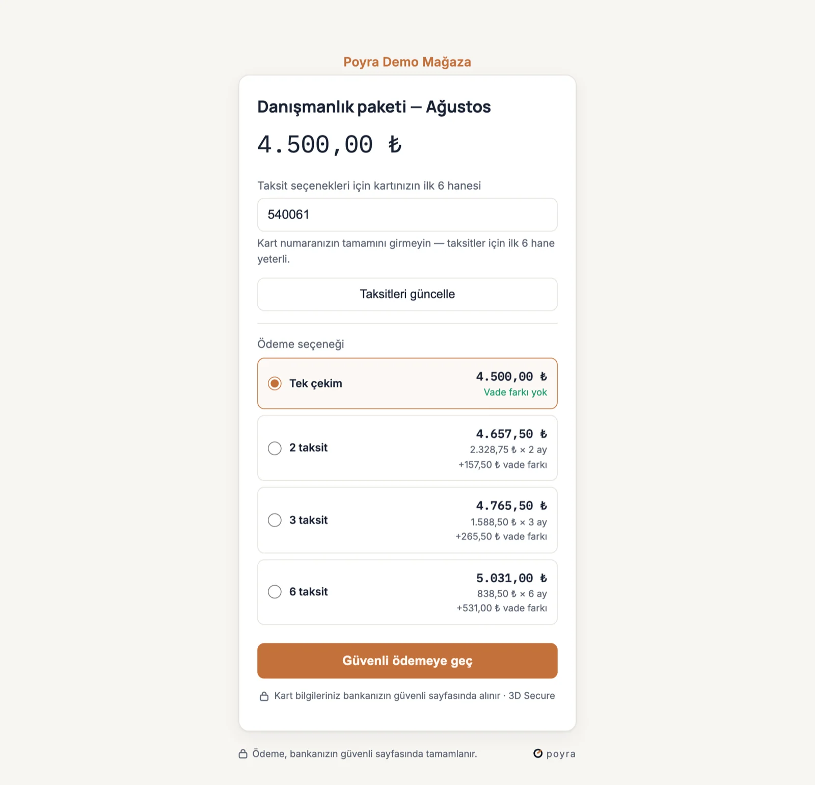 Poyra checkout: taksit seçenekleri